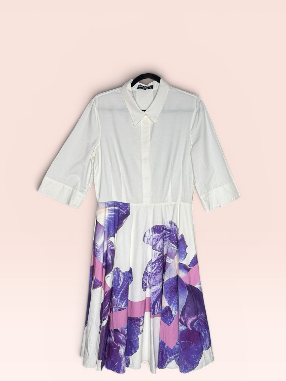 Salvatore Ferragamo White & Purple Floral Print Cotton Shirt Dress